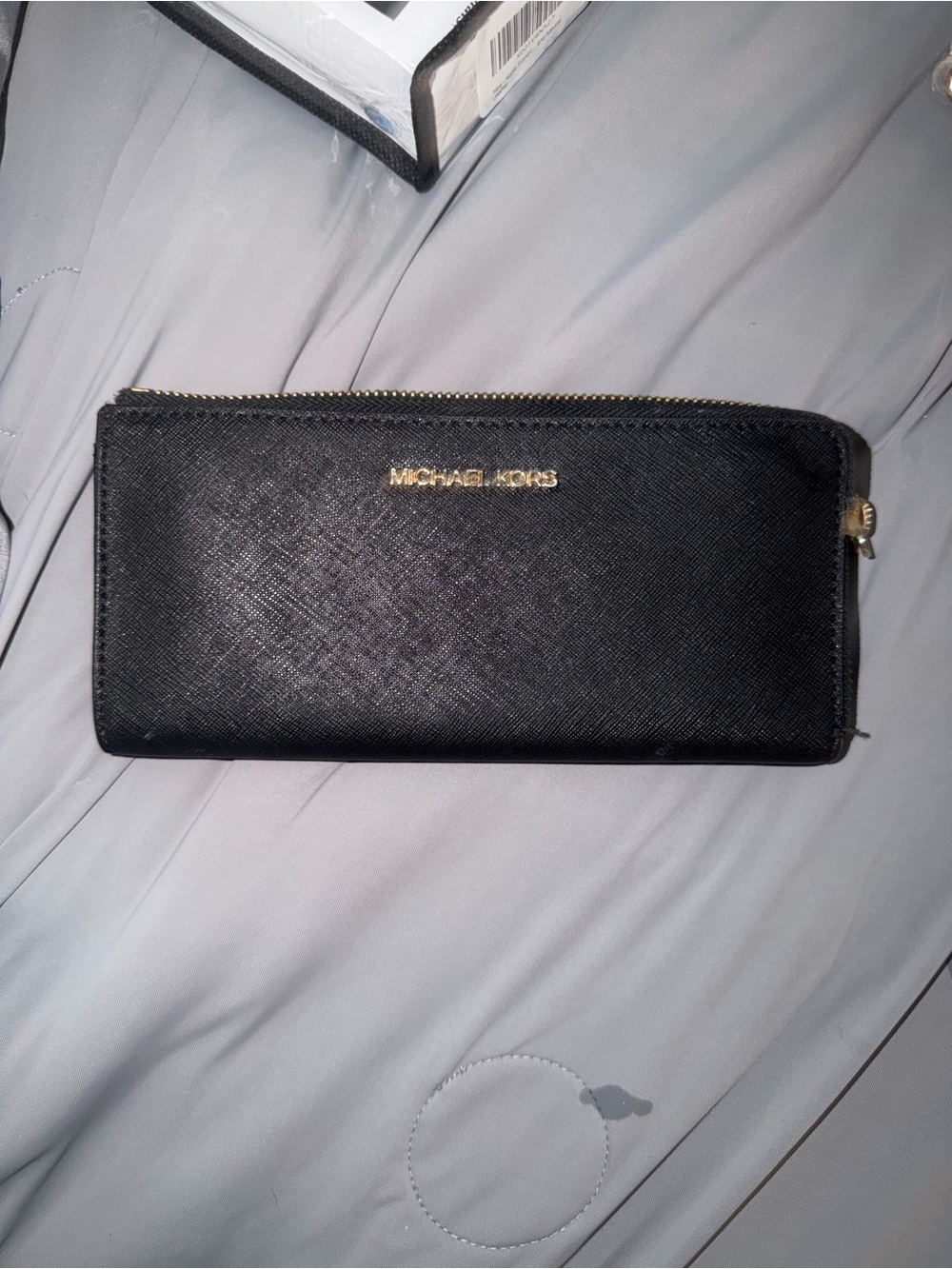 Michael Kors Black Saffiano Zip Wallet with Gold Logo